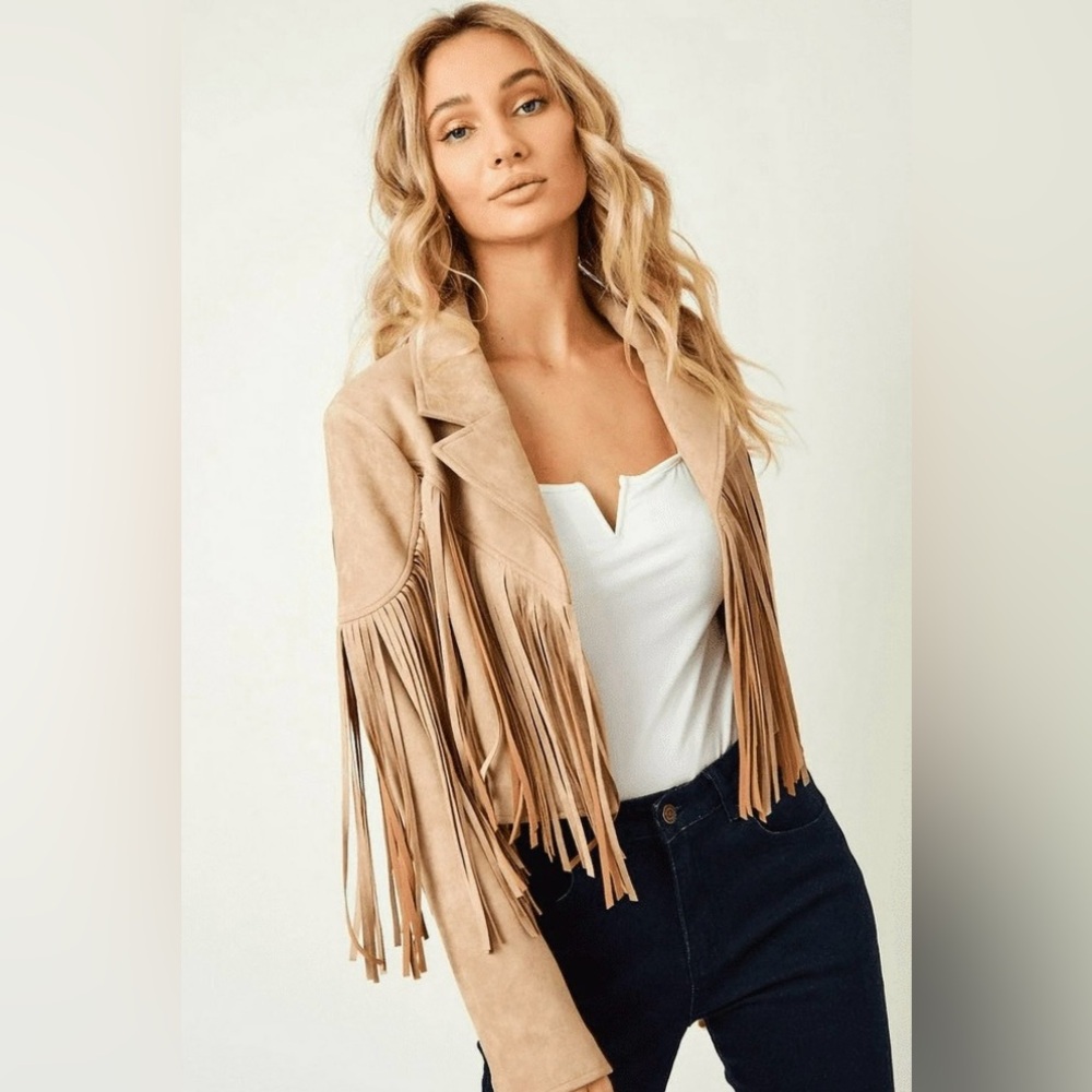 Fringed Suede Cropped Jacket in Tan